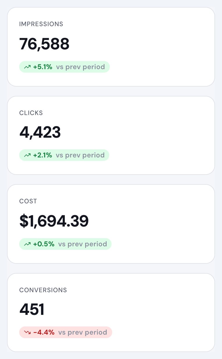 The Google Ads page in the client portal: impressions, clicks, cost, conversions, phone calls, click-through rate, cost per click and cost per acquisition, each against the previous period