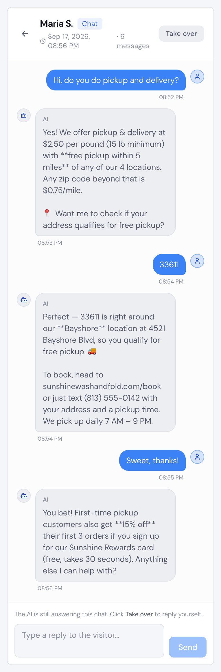 A website chat in the client portal with the AI's analysis (duration, messages, sentiment and topic tags) above the conversation