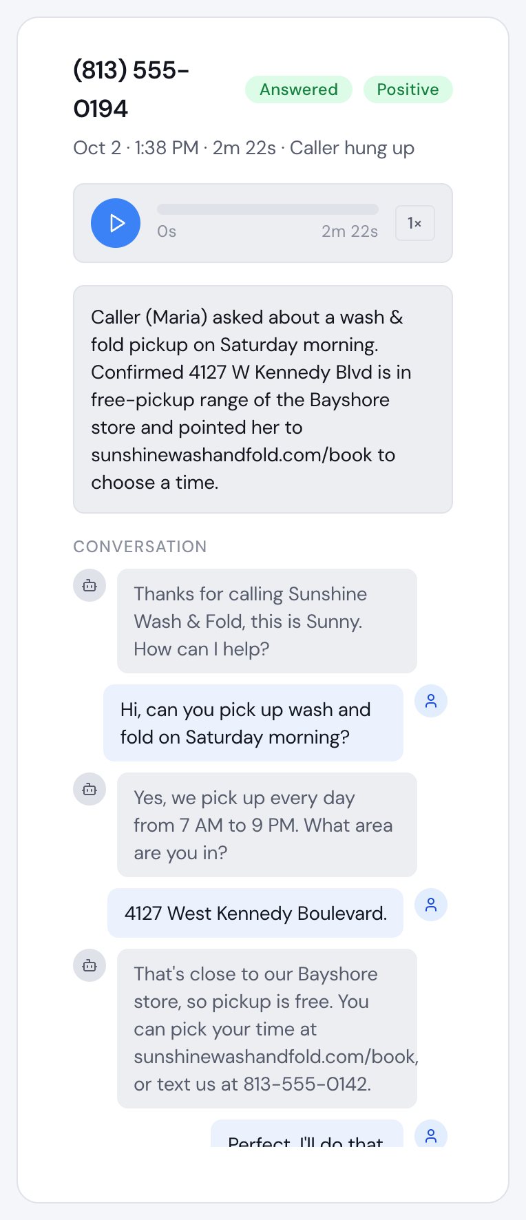 The voice agent call log in the client portal: calls with their outcome and summary, and one call open with its recording, summary and transcript