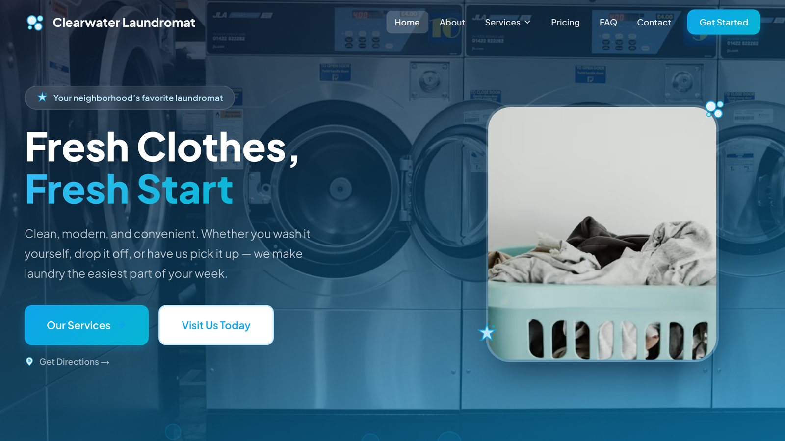 The homepage of a laundromat website built on the Fresh Leads template, with the business name, navigation, a headline, service buttons and directions