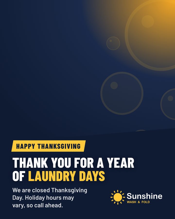 A photo post for the demo store: Thank you for a year of laundry days, with its Thanksgiving hours